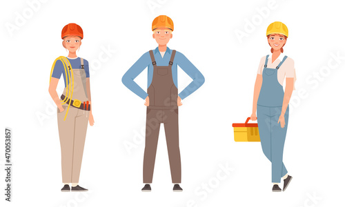 Handyman or Fixer as Skilled Man and Woman Wearing Overall Holding Toolbox Engaged in Home Repair Work Vector Set