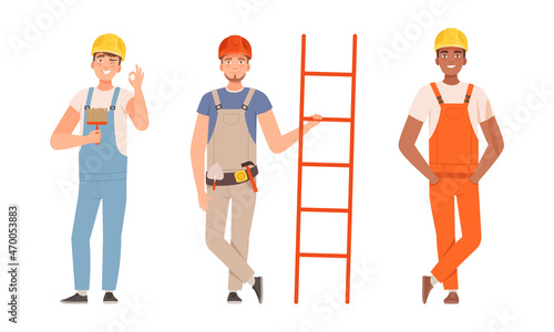 Handyman or Fixer as Skilled Man Wearing Overall Holding Ladder and Brush Engaged in Home Repair Work Vector Set