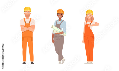 Handyman or Fixer as Skilled Man and Woman Wearing Overall Holding Draft and Showing Thumb Up Engaged in Home Repair Work Vector Set