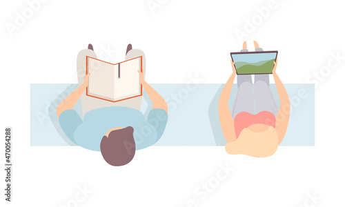 Man and Woman Sitting on Bench Top View Vector Illustration