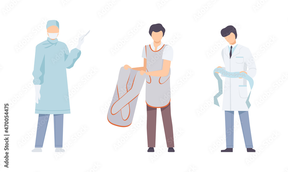 Man Physician or Doctor Wearing White Coat Practicing Medicine Vector Set Man Physician or Doctor Wearing White Coat Practicing Medicine Vector Set