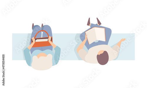 Man and Woman Sitting on Bench Top View Vector Illustration