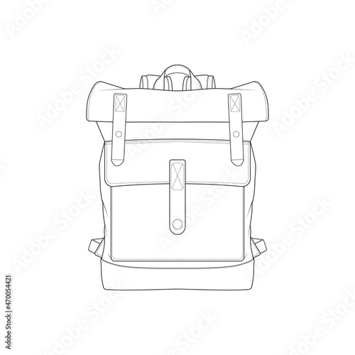 Bagpack outline drawing vector, Bagpack in a sketch style, trainers template outline, vector Illustration.
