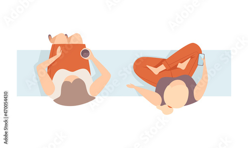 Woman Sitting on Bench with Coffee Cup and Crossed Legs Top View Vector Illustration