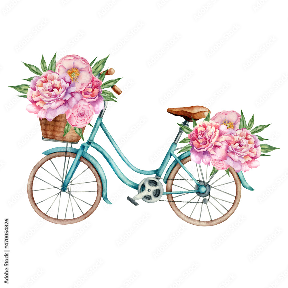Watercolor illustration with azure bicycle and rose bouquet isolated on the white background. Hand painted watercolor clipart.