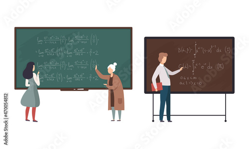Teacher or University Professor Standing in Front of Chalkboard Explaining Lesson Vector Set