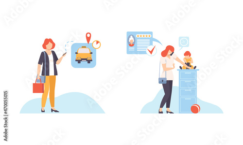 Woman Ordering Service Waiting for Taxi and Babysitter Vector Set