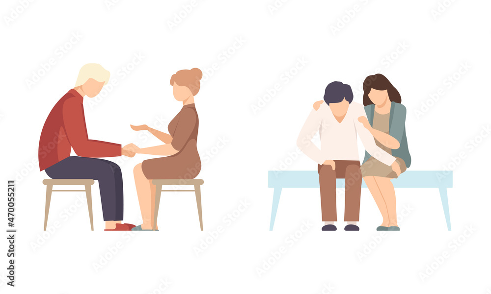Woman Character Supporting Man Friend Encouraging Cheering Up and Raising His Spirit Vector Set Woman Character Supporting Man Friend Encouraging Cheering Up and Raising His Spirit Vector Set