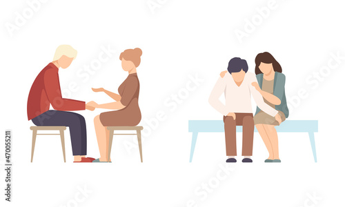 Woman Character Supporting Man Friend Encouraging Cheering Up and Raising His Spirit Vector Set