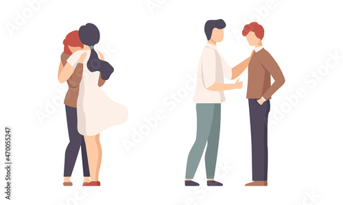 Man and Woman Character Supporting Friend Encouraging Cheering Up and Raising His Spirit Vector Set