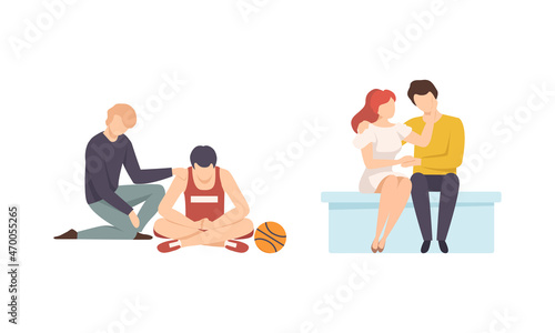 Man and Woman Character Supporting Friend Encouraging Cheering Up and Raising His Spirit Vector Set
