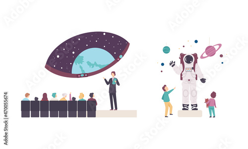 People Character Visiting Planetarium Learning about Astronomy and Night Sky Vector Set