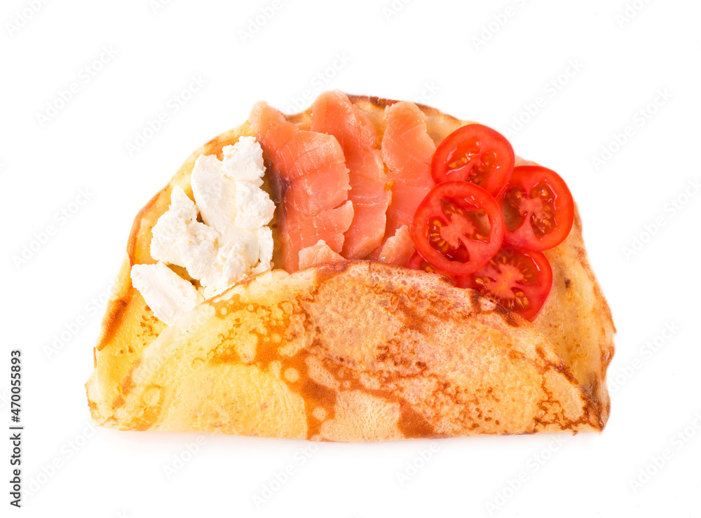 pancakes with salmon tomato and cream cheese on white background pancakes with salmon tomato and cream cheese on white background