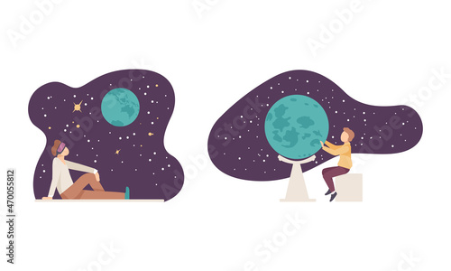 Man Character Visiting Planetarium Learning about Astronomy and Night Sky Vector Set