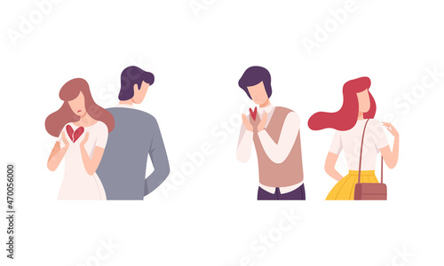 Man and Woman Experiencing Unrequited Love Feeling Vector Set
