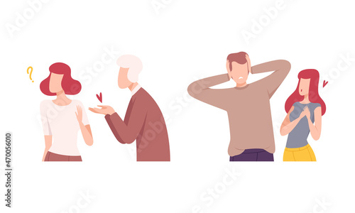 Man and Woman Experiencing Unrequited Love Feeling Vector Set
