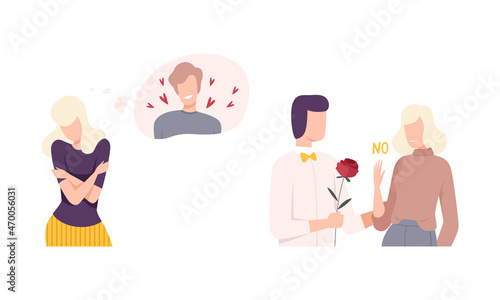 Man and Woman Experiencing Unrequited Love Feeling Vector Set