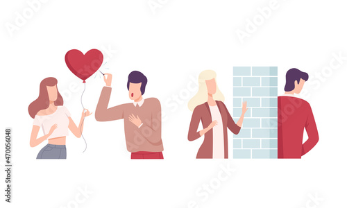 Man and Woman Experiencing Unrequited Love Feeling Vector Set