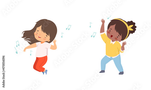 Little Kids Dancing to Music Rhythm and Singing Vector Set