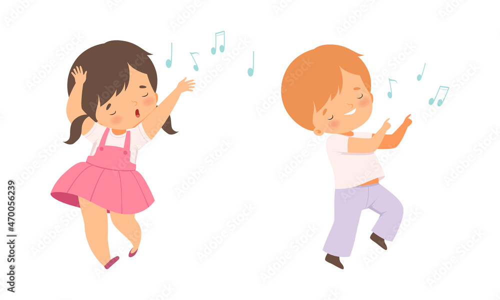 Little Kids Dancing to Music Rhythm and Singing Vector Set Little Kids Dancing to Music Rhythm and Singing Vector Set