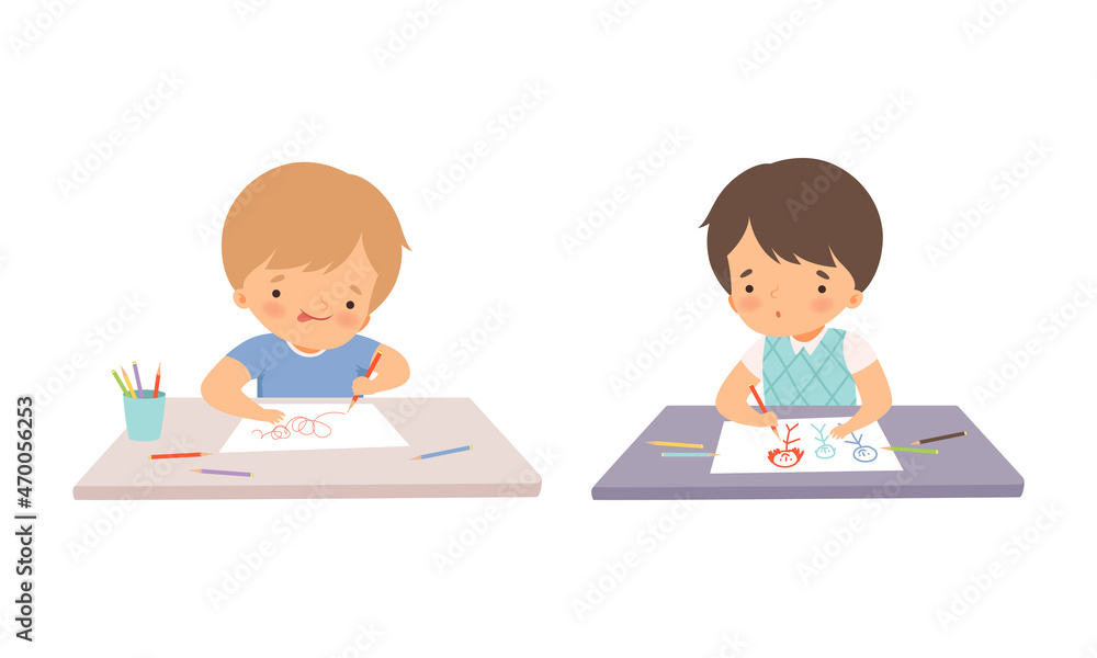 Little Boy at Table Drawing on Paper with Colored Pencil Vector Set