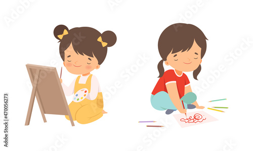 Little Girl Drawing on Paper with Colored Pencil and Brush Vector Set