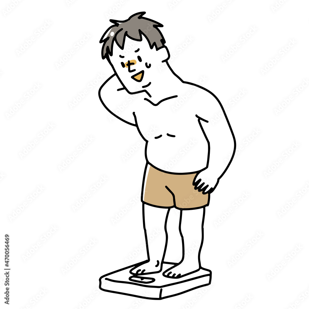 体重計に乗って焦る男性 体重計に乗って焦る男性