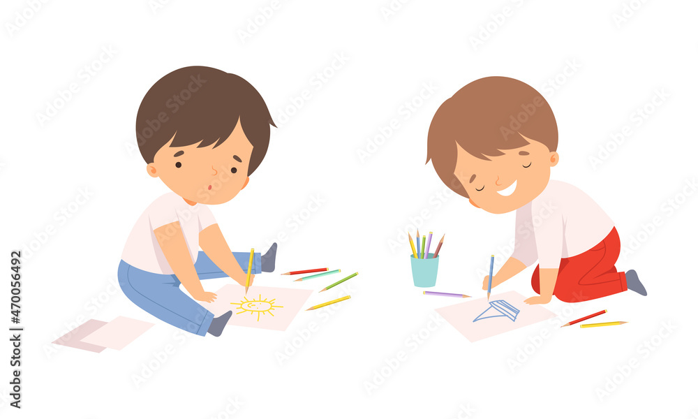 Little Boy Drawing on Paper with Colored Pencil Sitting on the Floor Vector Set Little Boy Drawing on Paper with Colored Pencil Sitting on the Floor Vector Set