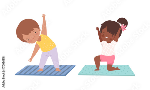 Cute Boy and Girl Doing Yoga Standing in Asana on Mat Vector Set