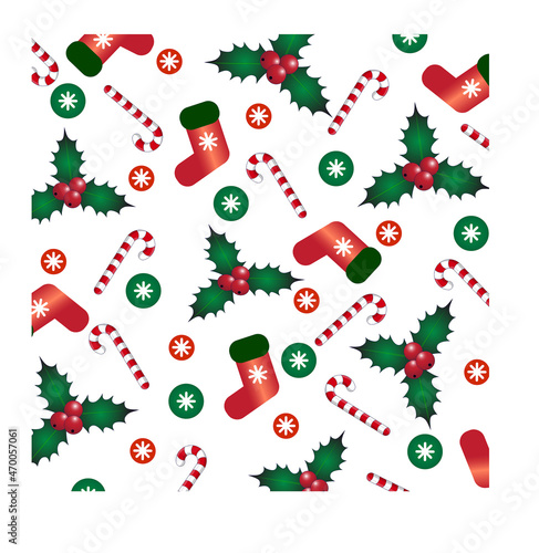 Vector image of the Christmas background with the holly, sock, stocking, snowflake, ball, candy.Seamless pattern for a new year 2022. photo