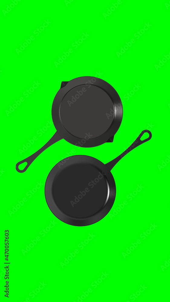 next to pot with handle and frying pan. top view of kitchen appliances. Dishes on green background. Vertical image. 3d image. 3d rendering. next to pot with handle and frying pan. top view of kitchen appliances. Dishes on green background. Vertical image. 3d image. 3d rendering.