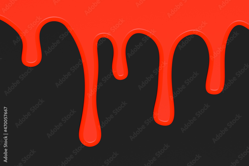 Red paint flows on black background. Red liquid. Drops of blood. Flowing red water. Black background. Horizontal image. 3d image. 3d rendering. Red paint flows on black background. Red liquid. Drops of blood. Flowing red water. Black background. Horizontal image. 3d image. 3d rendering.