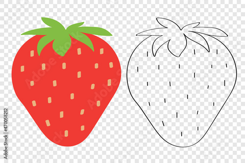 Strawberry - sweet red berry flat cartoon children coloring pages on transparent background. Icon and emblem for web design of packaging for vegetarian food.