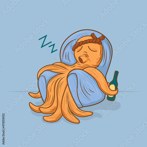 Illustration of an octopus character falling asleep after a very tiring day
