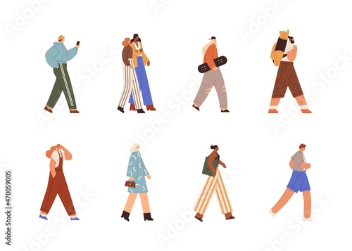 People walking set. Men and women going. Street walkers in motion, side view. Diverse modern persons strolling, moving for different businesses. Flat vector illustration isolated on white background