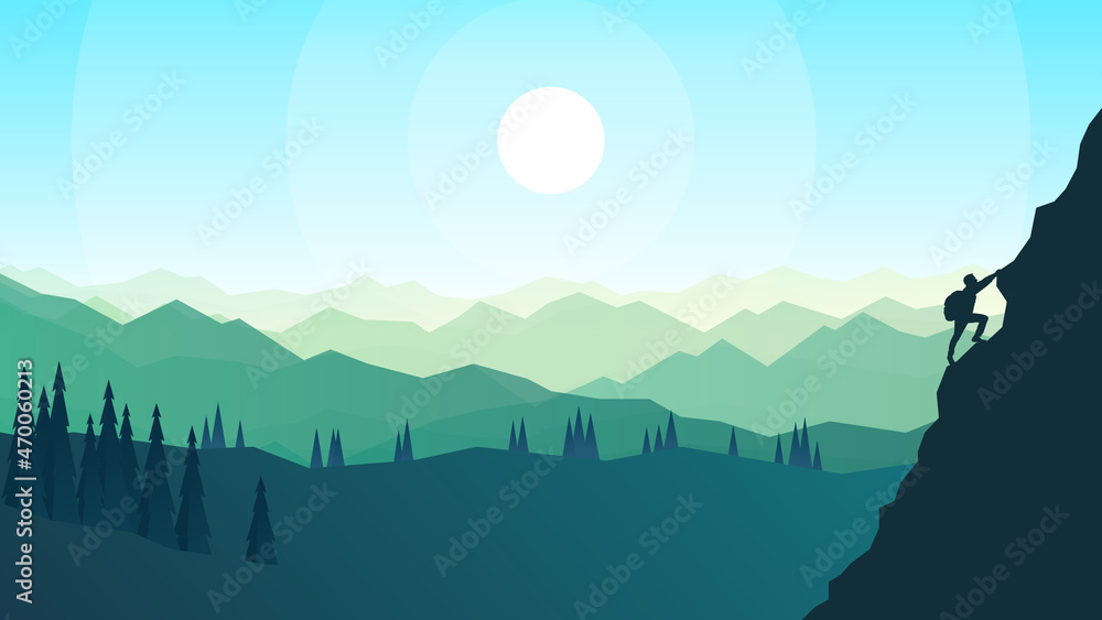 Fototapeta premium Man climbing mountain. Travel concept of discovering, exploring, observing nature. Hiking tourism. Adventure. Minimalist graphic flyer. Polygonal flat design. Illustration landscape