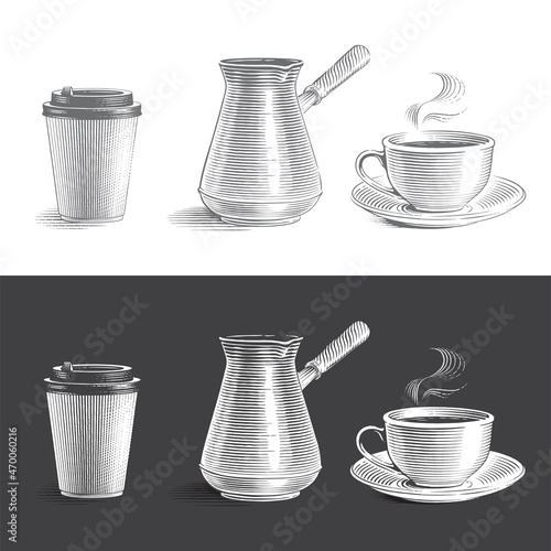 paper cup, cezve and ceramic cup Hand drawing sketch engraving illustration style