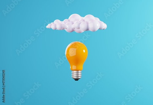 Cloud floating above yellow lightbulb on blue background. minimal concept creative idea, 3D illustration