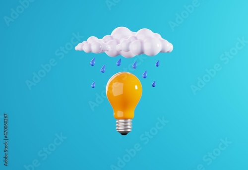 Cloud and rain floating above yellow lightbulb on blue background. minimal concept creative idea, 3D illustration