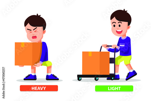 Cute boy carries a heavy cardboard in a different way