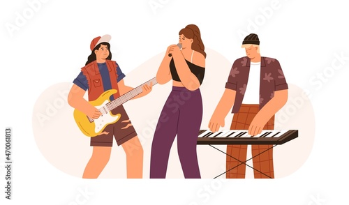 Music band with singer and musicians. Modern woman vocalist with microphone and men playing guitar and synthesizer. Popular group with guitarist. Flat vector illustration isolated on white background