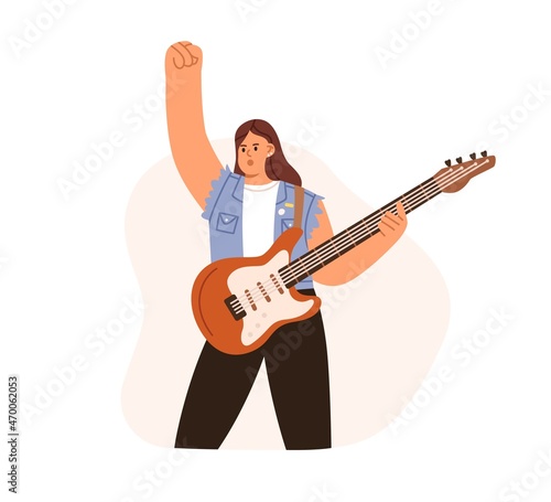 Rock guitarist playing music with electric guitar. Woman standing, performing solo. Modern string instrument player with hands up at performance. Flat vector illustration isolated on white background