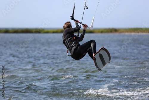 A kitesurfer in action at Tofta Beach, Gotland Sweden.