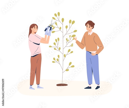 People caring about tree, pruning it, cutting with scissors. Couple of man and woman work with plants in garden. Volunteers working together. Flat vector illustration isolated on white background