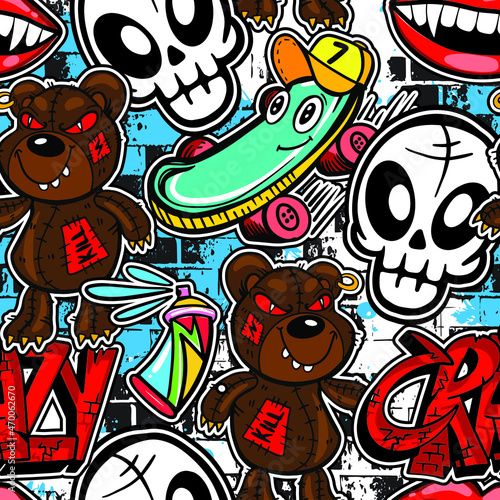 hand drawn pattern with monsters for boys. Slogans, graffiti background. For children's textiles, wrapping paper, prints
