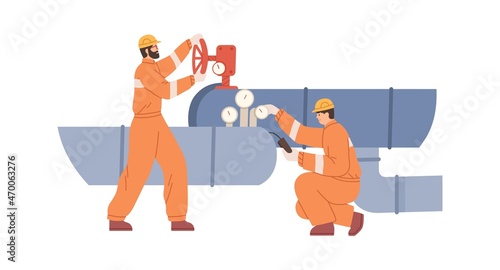 Workers control work of pipeline, open valve, inspect measuring tools and equipment. Inspection and maintenance of water tubes, pipes and conduit. Flat vector illustration isolated on white background