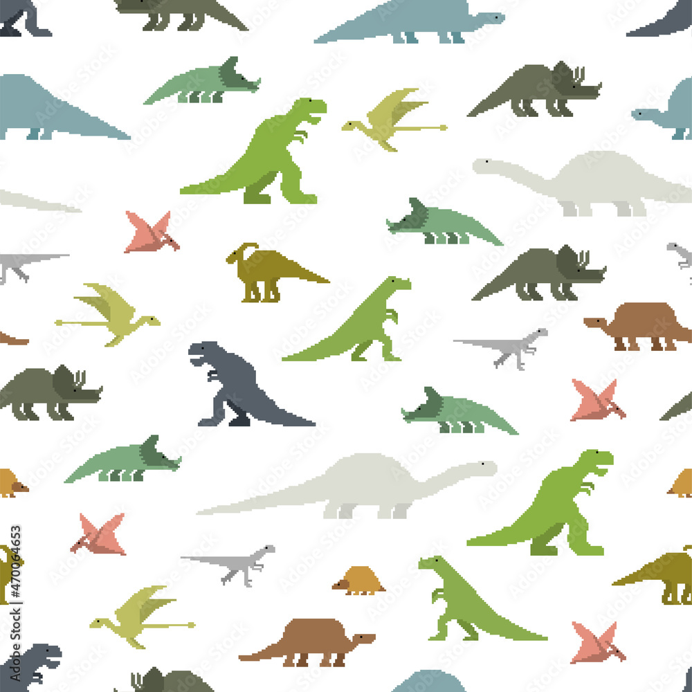 Dinosaurs pixel art seamless pattern. 8bit Dino texture. pixelated Prehistoric monster lizard background. Ancient animal cartoon style. Childrens cloth ornament. Vector illustration Dinosaurs pixel art seamless pattern. 8bit Dino texture. pixelated Prehistoric monster lizard background. Ancient animal cartoon style. Childrens cloth ornament. Vector illustration