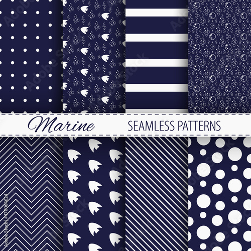 Marine seamless patterns collection in white and dark blue colors. Minimalist trendy contemporary aqua ornaments. Best for textile, wallpapers, wrapping paper, package and home decoration.