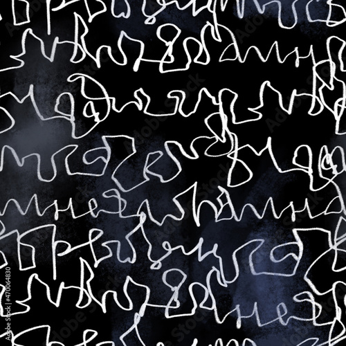Abstract hand writing scribbles on black background seamless pattern. Textured repeat print. Monochrome lines ornament for fabric, textile, wallpaper, wrapping paper and decoration.