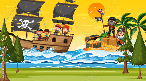 Ocean scene at sunset time with Pirate kids on the ship